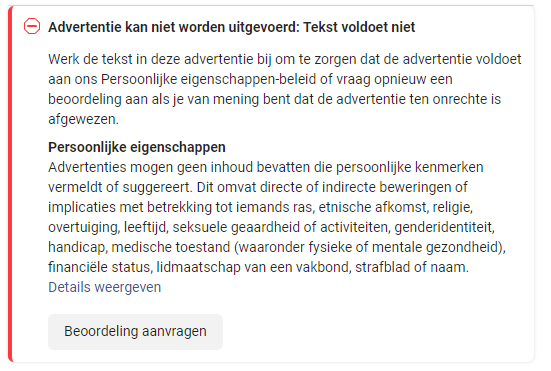 Afgekeurde Facebook advertentie met info reden